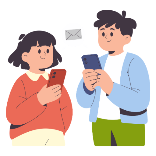 Two people using phones showing messaging and online communication.