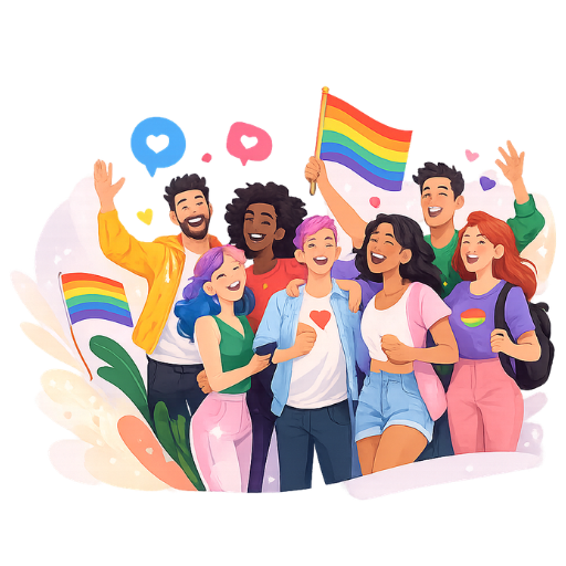 Diverse LGBTQ+ community celebrating pride together with rainbow flags, symbolizing inclusivity, equality, and support – AffirmSpace platform for safe LGBTQ+ connections and empowerment.