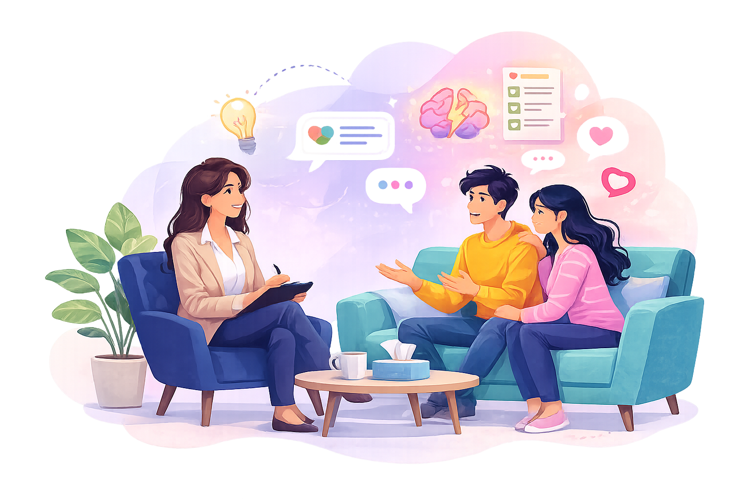 Therapist talking with couple about LGBTQ counselling and mental health.