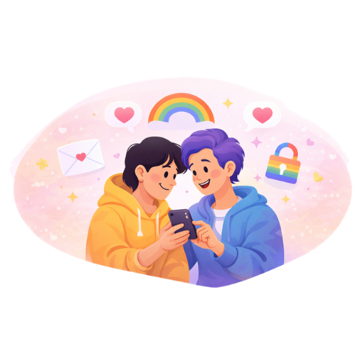 LGBTQ couple looking at phone with hearts and rainbow icons.
