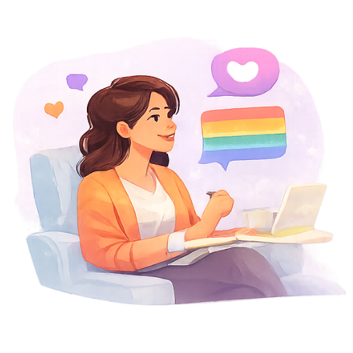 Woman using laptop with chat icons for LGBTQ counselling and support.