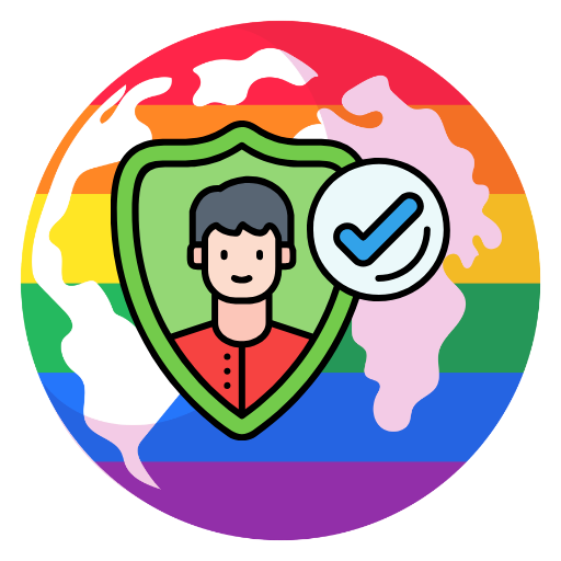Person inside shield with checkmark on rainbow LGBTQ background.