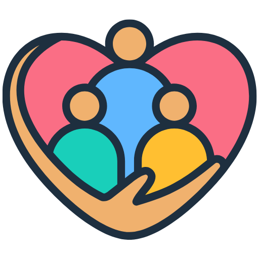 People inside heart icon showing community gathering and support.