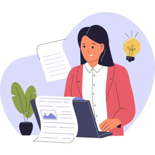 Woman using laptop reading content with notes and light bulb.