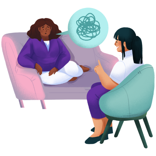 Two people talking during support session with conversation bubble.