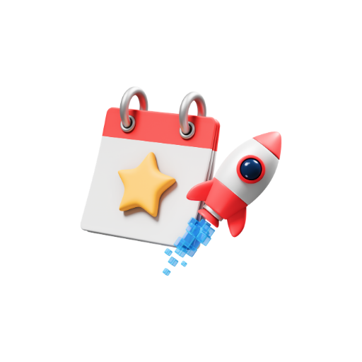 Calendar with star icon and rocket launching beside it.
